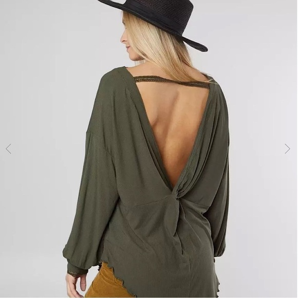 Free People Army Green Shimmy Shake Open Back Long Sleeve Top Size S - Picture 9 of 9